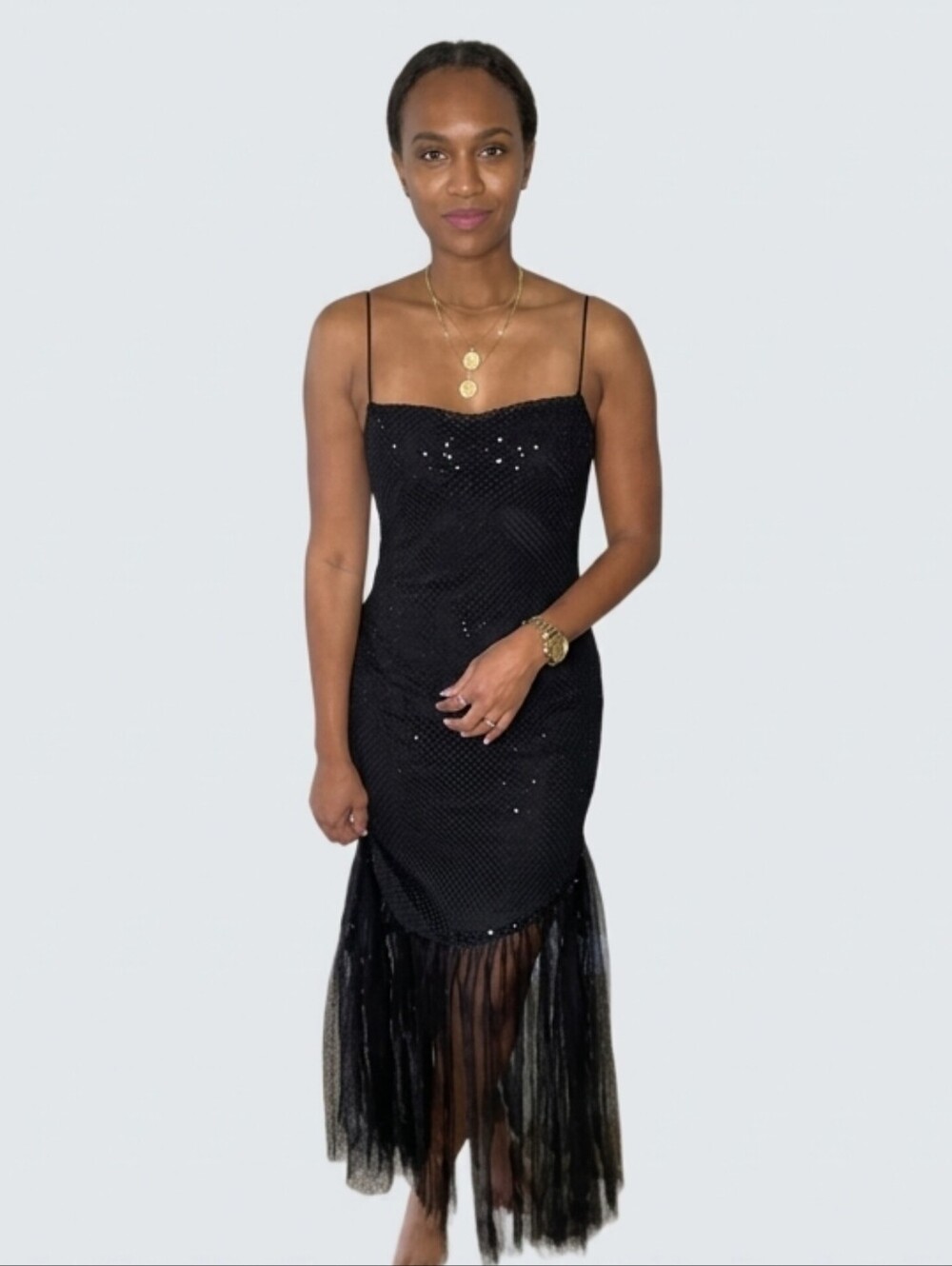 Dave & Johnny Vintage Black Sheer Mesh Backless Formal Maxi Dress